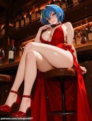 1girl ai_generated alcohol arlequin097 bar_(place) bare_arms bare_legs bare_shoulders blue_hair bottle breasts choker cleavage cocktail_dress crossed_legs cup dress drinking_glass finger_to_mouth from_below full_body green_hair grin hair_between_eyes hair_intakes high_heels high_school_dxd indoors large_breasts legs light_particles lips looking_at_viewer looking_down multicolored_hair panties parted_lips red_choker red_dress red_footwear red_nails red_panties shiny_skin short_hair sitting smile solo stool strappy_heels streaked_hair thighs two-tone_hair underwear wine wine_bottle wine_glass xenovia_quarta yellow_eyes