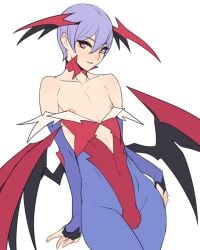 1boy arms_at_sides ban bottomless bridal_gauntlets bulge choker clothing collarbone contrapposto darkstalkers demon demon_boy femboy genderswap genderswap_(ftm) groin head_wings highres leotard lilith_aensland looking_at_viewer male male_lilith male_only mosaic_censoring navel nipple_slip nipples nipples_out parted_lips penis red_eyes red_leotard rule_63 simple_background solo thighs trap wings