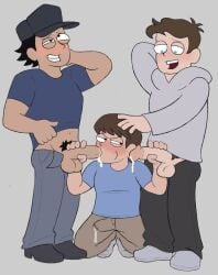 3boys black_eyes black_hair blowjob blue_eyes blush brown_hair clothed clothing color eyes_rolling_back gay grey_background handjob human human_only light_skin male male/male male_focus male_only on_knees open_eyes open_mouth open_smile oral partially_clothed penis simple_background smile twitter_link yaoi
