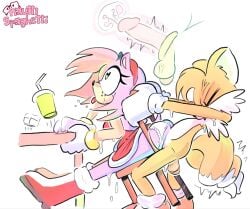 2d 2d_(artwork) amy_rose anthro anthro_on_anthro ass balls balls_deep boy butt chair clothed_sex cock cum cum_in_pussy cum_inside female fox gripping hard_sex hedgehog hedgehog_girl male/female mobian_(species) nautti_spaghetti panties ripped_clothing sex skirt skirt_lift sonic_(series) sonic_the_hedgehog_(series) squished_ass sweat tail tails_the_fox thrusting thrusting_hard thrusting_into_ass twitching wide_eyed