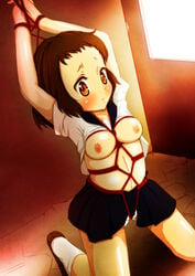 arms_up bondage bondage bondage breasts female female hyouka ibara_mayaka nipples rope skirt solo soramame_(39link)