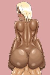 ass ass_cleavage ass_focus back_muscles back_view banditk blonde_hair brown_eyes dark-skinned_female dark_skin ebony ebony_female flcl freckles_on_face fully_nude kitsurubami looking_at_viewer looking_back looking_between_legs short_hair shoulder_blades shoulders sole_female toes