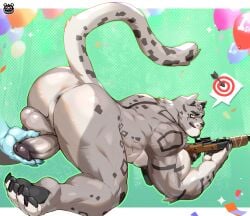 4_toes abs anthro anus balls barazoku big_butt black_pawpads black_penis butt digital_media_(artwork) disembodied_hand feet felid fluffy fluffy_tail fur genitals green_eyes grey_balls grey_body grey_fur grey_penis heart_fur_pattern hi_res humanoid_genitalia humanoid_penis hunting_rifle licking licking_lips licking_own_lips looking_at_viewer male mammal moyru_(xxl_woofia) muscular muscular_anthro muscular_male nipples nude nude_anthro nude_male pantherine patterned_fur pawpads pecs penis penis_in_hand punktoso raised_tail self_lick simple_background smile snow_leopard solo tail toes tongue tongue_out white_body white_fur xxl_woofia