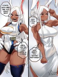 2d bare_thighs blushing boku_no_hero_academia buff bunny_ear bunny_ears bunny_girl bunny_tail costume dark-skinned_female dress elegant_dress embarrassed embarrassed_female hourglass_figure hourglass_figured_female large_breasts long_hair manga miruko muscular muscular_female my_hero_academia playing_with_hair red_eyes slim_waist tagme thick_thighs tied_hair tight_clothing tight_fit tube_top tubetop vlizz white_hair wide_hips