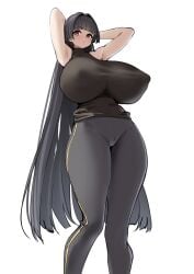 armpits arms_behind_head blush covered_erect_nipples curvy cute defaultkavy dot_mouth gigantic_breasts hyper_breasts round_breasts yoga_pants