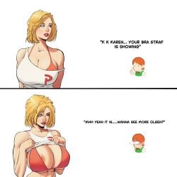 2d abs areolae areolae_slip big_breasts blonde_hair blue_eyes bra bra_strap_is_showing_(meme) breasts busty cleavage dc dc_comics female female_focus hourglass_figure jimmy_olsen kara_zor-l karen_starr male meme power_girl red_hair sam_oliver superman_(series) tagme