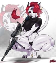 anthro big_breasts bikini bikini_thong blackarabi breasts camel_toe clothing fan_character felid feline female floppy_ears gun hair hi_res hybrid lop_ears mammal muscular muscular_anthro muscular_female navel pantherine prehistoric_species ranged_weapon red_hair rifle rifle_scope saber-toothed_tiger sniper sniper_rifle solo spread_legs spreading swimwear thick_thighs thong thong_straps tiger two-piece_swimsuit underwear weapon white_body wide_hips