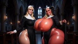 2girls ai ai_assisted ai_generated chapel church church_background church_interior demon demon_girl giant_breasts hot huge_ass huge_breasts massive_breasts massive_thighs naked naked_female nun nun_outfit oc orginal_character realistic red_body red_skin succubus succubus_horns thick_ass thick_thighs voluptuous voluptuous_body voluptuous_female
