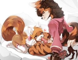 ailurid ambiguous_gender anthro asaku_coon auehsi black_stripes clothing duo eye_contact female fur genitals happy heart_symbol hi_res hybrid hyena knot knotted_penis legwear looking_at_another male male/female mammal oral oral_penetration orange_body orange_fur pawpads penetration penis red_panda stripes thigh_highs white_body white_fur