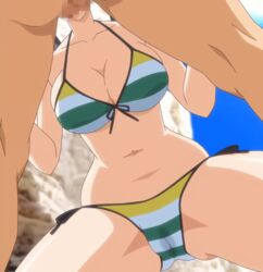 animated beach bikini black_hair bounce bouncing_breasts breasts censored curvy eroge!_h_mo_game_mo_kaihatsu_zanmai fellatio front-tie_top hair kosaka_iori large_breasts oral stitched swimsuit tied_hair twintails wet_panties