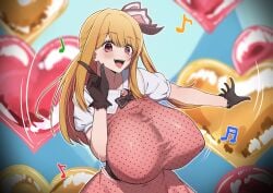 1girls blonde_hair bow bowtie breasts brown_bow brown_bowtie brown_gloves collarbone doodle_dance dress frilled_gloves frills gloves hair_bow heart hoshino_ruby hoshino_ruby_dance huge_breasts index_finger_raised light_particles long_hair looking_at_viewer motion_lines musical_note open_mouth oshi_no_ko outer_glow pink_eyes polka_dot_dress puffy_short_sleeves short_sleeves solo spammayo