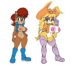 anthro areolae big_breasts black_nose blackchaos64 boots bunnie_rabbot chipmunk color_edit colored colored_sketch cowboy_hat cyborg female female_only genitals half-dressed jacket large_breasts long_hair looking_at_viewer lurking_judgement navel nipples no_background rabbit robotic_arm robotic_legs sally_acorn self_upload short_hair sonic_(series) sonic_the_hedgehog_(archie) sonic_the_hedgehog_(comics) sonic_the_hedgehog_(series) vulva