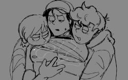 3boys clothed clothed_male clothing gay grey_background hat human human_only looking_at_partner male male/male male_focus male_only monochrome open_eyes open_mouth simple_background twitter_link yaoi