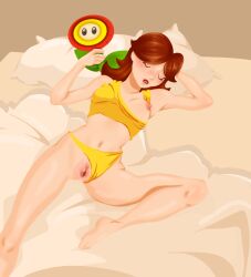 1girl 1girls asleep bed belly blanket bra bra_down breasts brown_hair feet female fire_flower human human_only light-skinned_female lying mario_(series) nintendo nipples one_breast_out one_breast_out_of_clothes one_breast_visible pajamas panties pillow plushie presenting presenting_pussy princess princess_daisy pussy royalty sleeping tummy