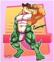 5_fingers abs alligator alligatorid anthro biceps big_bulge biped bulge candy claws clothed clothing crocodilian dessert detailed_bulge digital_media_(artwork) fingers food food_creature genital_outline glitch_productions green_body gummigoo_(tadc) gummy_(food) gummy_creature hat headgear headwear hi_res jockstrap jockstrap_only living_candy looking_at_viewer male male_anthro mostly_nude mostly_nude_anthro mostly_nude_male mostly_offscreen_male muscular muscular_anthro muscular_male nipples ougon pecs penis_outline reptile scalie simple_background solo solo_male tail the_amazing_digital_circus topless underwear underwear_only yellow_body