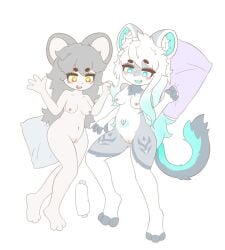 anthro blush breasts duo felid female genitals hair humanoid long_hair lying mammal medium_breasts mouse murid murine navel nude open_mouth open_smile pantherine rodent smile tiger vulva xiaolan190