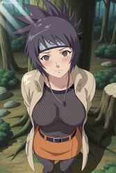 1girl ai_generated arms_behind_back belt black_hair blush breasts brown_eyes buckle closed_mouth collarbone covered_nipples digitalwaifugallery fishnet_top fishnets forehead_protector forest from_above headband hi_res high_quality high_resolution jacket jewelry konohagakure_symbol large_breasts light_rays looking_at_viewer miniskirt mitarashi_anko naruto nature necklace open_clothes orange_skirt outdoors pantyhose patreon seductive sexy short_hair skirt solo standing sunlight tree uncensored watermark