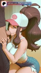 1boy 1girl 1girls 2026 ai_generated artist_name baseball_cap blowjob blowjob_face blue_eyes brown_hair cock denim denim_shorts dick electroworld erection fellatio hat hetero hi_res high_quality high_resolution highres hilda_(pokemon) licking long_hair male_pubic_hair oral oral_sex patreon patreon_username penis pokemon pubic_hair shorts solo_focus stable_diffusion sucking uncensored watermark