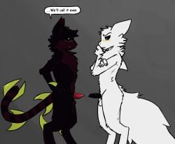 4_fingers animal_genitalia animal_penis anthro arm_tuft balls black_penis blush blush_lines canid canine canine_genitalia canine_penis casualties:_unknown cheek_tuft chest_tuft claws colored comparing comparing_penis dialogue digital_drawing_(artwork) digital_media_(artwork) digitigrade domestic_cat duo elbow_tuft english_text envoyager facial_tuft felid feline feline_genitalia feline_penis felis fin finger_claws fingers fluffy fluffy_tail fur genitals gunsaw gunsawian hands_on_hips head_tuft hi_res horn knot knotted_penis long_tail male male/male mammal maroon_fur milky_(gunsawian) nude penile_spines penis pink_nose pink_penis sheath side_view small_penis speech_bubble standing tail text thinking_pose tuft voyager_(gunsawian) white_body white_fur