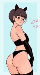 black_gloves black_outfit black_socks boy brown_eyes brown_hair cat_ears femboy glasses gloves jewels_(dross) outfit ruby_(dross) smile smiling socks white_body white_skin