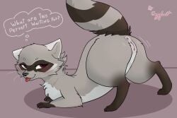 anus butt cozyfruit facial_markings female female_feral fennel_(cozyfruit) feral fur fur_markings genitals grey_body grey_fur head_markings hi_res mammal markings mask_(marking) presenting presenting_hindquarters procyonid raccoon red_eyes solo text thick_thighs tongue tongue_out toony tuft vulva
