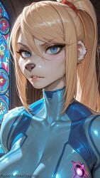 1girl ai_generated bangs blonde_hair blue_bodysuit blue_eyes bodysuit breasts decurse hair_between_eyes large_breasts lips long_hair looking_at_viewer metroid mole ponytail samus_aran skin_tight solo stained_glass upper_body zero_suit