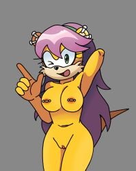 archie_comics areola bangs bannerniceman barbell_piercing breasts ear_piercing eyelashes facial_tuft female genitals green_eyes hair herpestid hi_res long_eyelashes mammal mina_mongoose mongoose nipple_piercing nipples one_eye_closed piercing purple_hair sega solo sonic_the_hedgehog_(archie) sonic_the_hedgehog_(comics) sonic_the_hedgehog_(series) tail tuft vulva yellow_body