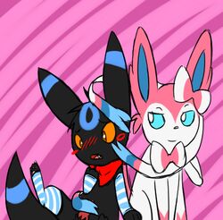 alternate_color ambiguous_gender animal_genitalia bargglesnatch-x1 blush canine_penis eeveelution erection fur furry_ears furry_tail male nintendo open_mouth penis pokemon scarf stockings sylveon tail umbreon video_games