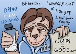 anthro bodily_fluids bottle canid canine canis clothing container cum domestic_dog english_text eyescutout fingers genital_fluids hi_res lips male mammal meme simple_background solo standing text toony toony_expression