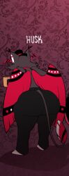 ass_crack bent_over big_booty big_butt blackwhiplash booty butt_crack cropped cropped_image fat_ass hazbin_hotel holding_mug husk_(hazbin_hotel) mug old_man older_male overalls overalls_only solo solo_focus solo_male