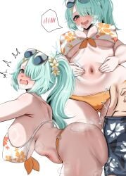 1boy 1girls ass big_breasts blue_archive blue_hair blush breasts female halo hiyori_(blue_archive) hiyori_(swimsuit)_(blue_archive) swimsuit