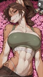 1girl abs ai_generated animal_ears belt body_fur breasts brown_eyes brown_hair cleavage collarbone decurse flower furry furry_female highleg highleg_panties lara_croft large_breasts long_hair looking_at_viewer lying navel on_back panties pink_flower ponytail smile solo tomb_raider underwear white_panties