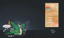5:3 absurd_res animal_humanoid anthro denton dildo dildo_insertion dildo_trap dragon dragon_humanoid gameplay_mechanics genitals genitals_shrinking height_reduction hi_res humanoid induced_impotence male mythological_creature mythological_scalie mythology orgasm penis penis_shrinking rpg_dungeon scalie sex_toy sex_toy_insertion solo stats stats_screen surprised zooks_(character)