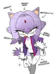 anthro areola blaze_the_cat bodily_fluids breasts clothed clothing digital_media_(artwork) domestic_cat english_text felid feline felis female fur furry furry_female gloves handwear hi_res legwear looking_at_viewer mammal nipples open_clothing open_mouth open_topwear panties purple_body purple_fur sega simple_background sirsmol small_breasts solo sonic_(series) sonic_the_hedgehog_(series) standing stockings sweat sweatdrop text topwear torn_clothing torn_legwear torn_stockings underwear