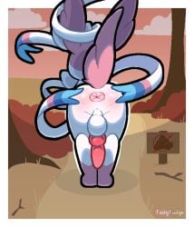animal_genitalia animal_penis anus artist_name backsack balls border butt canine_genitalia canine_penis digital_media_(artwork) eeveelution erection fairyfudge feral generation_6_pokemon genitals hi_res imminent_feces imminent_scat knot knotted_penis male nintendo outside penis pokemon pokemon_(species) quadruped raised_tail rear_view ribbons_(anatomy) solo spread_anus spread_butt spreading sylveon tail text white_border