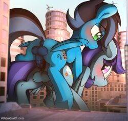 2022 absurd_res anal anal_penetration animal_genitalia animal_penis anus artist_name balls blue_body blue_fur blush bodily_fluids brown_hair building cutie_mark duo equid equine equine_genitalia equine_penis eyebrow_through_hair eyebrows fan_character feathered_wings feathers feral flared_penis from_behind_position fur genital_fluids genitals green_eyes grey_hair hair hasbro hi_res horse looking_at_another looking_back looking_pleasured macro macro_on_macro male male/male mammal medial_ring mounting multicolored_hair my_little_pony mythological_creature mythological_equine mythology outside outside_sex pegasus penetration penile penile_penetration penis perezadotarts pink_eyes pony public public_sex purple_hair sex skyscraper text translucent translucent_hair vein veiny_penis wings