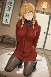 1girl ahoge ai_generated black_legwear blonde_hair blush braid breasts futon gabby_(yomi_no_tsugai) hi_res high_quality high_resolution hood jacket kneeling long_hair looking_at_viewer pantyhose patreon red_eyes savvyraexo seductive sexy smile solo tatami track_jacket twin_braids uncensored watermark zipper