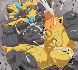 absurd_res anthro balls big_balls big_penis black_body bodily_fluids clenched_teeth cum cum_on_arm cum_on_balls cum_on_belly cum_on_body cum_on_ceiling cum_on_chest cum_on_leg cum_on_penis damaged_ceiling destruction excessive_cum excessive_genital_fluids eyes_closed felid fur generation_7_pokemon genital_fluids genitals group growth hi_res humanoid_genitalia humanoid_penis inside legendary_pokemon licking macro maldu male mammal muscle_growth muscular muscular_male nintendo nipple_fetish nipple_play orgasm penile penis pokemon pokemon_(species) room_filling size_difference teeth thick_penis tongue whiskers yellow_body yellow_fur zeraora
