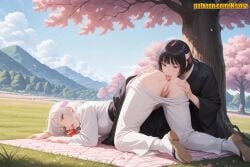 2girls ai_generated all_fours anilingus anus ass ass_grab black_hair black_kimono blanket blue_sky breasts cherry_blossoms clothes_lift clothes_pull cloud day field food fruit grass hair_ornament hakama holding_food japanese_clothes jujutsu_kaisen kimono large_breasts licking long_hair long_sleeves mosaic_censoring mountain mountainous_horizon multiple_girls nivora no_panties one_eye_closed open_mouth oral outdoors pants pants_pull petals picnic pink_eyes purple_eyes pussy saliva sandals sash shirt shoe_soles short_hair skirt sky socks tongue tongue_out top-down_bottom-up tree uncensored uraume white_hair white_pants white_shirt yuri
