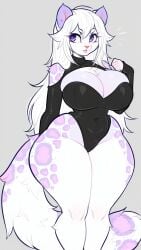 ai_generated anthro anthro_female anthro_focus anthro_only bare_legs bare_shoulders bare_thighs belly_button_visible_through_clothing big_breasts cleavage curvy curvy_body curvy_female curvy_figure female female_anthro female_focus female_only furry furry_female furry_only kohana leotard long_hair navel_visible_through_clothes pixai purple_eyes rosettes simple_background slim_waist snow_leopard snow_leopard_ears snow_leopard_girl snow_leopard_spots snow_leopard_tail solo solo_anthro solo_female solo_focus tagme thick_thighs white_fur white_hair wide_hips