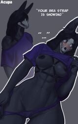 2026 abs absurd_res acupa anthro areola black_body black_hair blush blush_lines bra_strap_showing_(meme) breasts clothed clothing clothing_lift female hair hi_res malo meme nipples nude o-ring panties scp-1471-a scp_foundation shirt shy skulldog_(species) solo standing straps t-shirt t-shirt_lift text tongue tongue_out topwear underwear