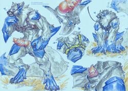 absurd_res animal_genitalia anthro balls big_tail bodily_fluids canid canine canis genital_fluids genitals half-erect halter harness hi_res hybrid ket-dawnatsunset knot knotted_penis leash male mammal muzzle_(object) penile_spines penis precum ribbed_penis scales service_top service_top_harness sheath solo spikes tail wolf wolfen_(wolfen)