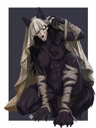 absurd_res anthro areola bdsm black_areola black_body black_fur black_hair black_nipples black_tail black_vulva bloodborne bondage bone bound breasts canid canine claws crouching female female_anthro fingers fromsoftware fur genitals glowing glowing_eyes hair hi_res looking_at_viewer malo mammal medium_breasts moirah muscular muscular_anthro muscular_female nipples nude nude_anthro nude_female scp-1471-a scp_foundation simple_background skull solo sony_corporation sony_interactive_entertainment tail teeth veil vicar_amelia vulva
