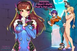 2girl 2girls 2girls1boy aether_(genshin_impact) ai_assisted ai_generated bodysuit crossover d.va d.va_(overwatch) day daytime genshin_impact hoyoverse juno_(overwatch) leg_up mihoyo nay_juno overwatch overwatch_2 public public_sex sex sexy sexy_pose street text