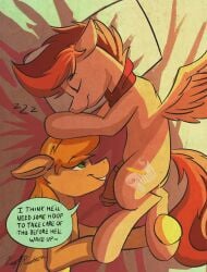 absurd_res ad_kayle bed bedroom_eyes braeburn_(mlp) cutie_mark dialogue duo earth_pony english_text equid equine feathered_wings feathers feral friendship_is_magic furniture genitals hair half-erect hasbro hi_res hooves horse kayle_rusty_(character) lying male male/male mammal my_little_pony mythological_creature mythological_equine mythology narrowed_eyes on_bed on_side pegasus penis pony quadruped seductive sex sleep_sex sleeping smile sound_effects speech_bubble spread_wings tail text vowelless vowelless_sound_effect wings zzz