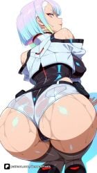 1girl ai_generated artist_name ass ass_focus bangs bare_shoulders black_leotard black_thighhighs blue_hair breasts cameltoe cyberpunk:_edgerunners cyberpunk_2077 eyeliner from_behind huge_ass jacket large_breasts leotard looking_at_viewer looking_back lucy_(cyberpunk) lucyna_kushinada makeup multicolored_hair off_shoulder patreon questionable red_eyeliner senpai_pixels short_hair shorts simple_background smile solo sweat thighhighs thighs wet white_background
