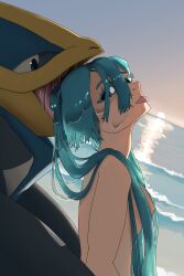 2:3 absurd_res ambiguous_gender avian backlighting beach bird blue_eyes blue_hair bodily_fluids duo empoleon female female/ambiguous female_on_feral feral generation_4_pokemon hair hatsune_miku hi_res human imminent_vore interspecies light lighting looking_at_viewer mammal nintendo open_mouth penguin pigtails pink_tongue pokemon pokemon_(species) pokephilia saliva saliva_in_hair saliva_on_face saliva_string sea sky sunset swetzverelend tongue tongue_out vocaloid water wet_hair yamaha_corporation