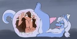 balls big_balls big_penis blue_body blue_eyes bodily_fluids cock_vore cum genital_fluids genitals hair hi_res huge_balls internal mammal pangolin penile penis sarek_aran_desian vore white_hair