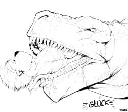 2026 anthro anthro_pred anthro_prey bodily_fluids claws clothed_prey clothing dated dinosaur drooling duo ear_piercing feet_first fur gluck hair male male/male male_pred male_prey mammal mustelid onomatopoeia open_mouth oral_vore otter pandottermon parker_(pandottermon) partially_inside piercing prehistoric_species reptile saliva saliva_covered saurischian scales scalie sharp_teeth signature simple_background sound_effects swallowing teeth text theropod tongue topwear torn_clothing torn_topwear tyrannosaurid tyrannosauroid tyrannosaurus tyrannosaurus_rex vore whiskers willing_pred