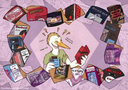 5_fingers anthro avian bird bodily_fluids cattle_egret clothed clothed_anthro clothed_male clothing cock_warmer comic confusion dialogue english_text feathers fingers heron humanoid_hands indecisive kantachibli male nervous page_number pelecaniform penetrable_sex_toy penis_clothing phillip_(kantachibli) sex_shop sex_toy shirt solo speech_bubble standing store sweat text topwear url white_body white_feathers